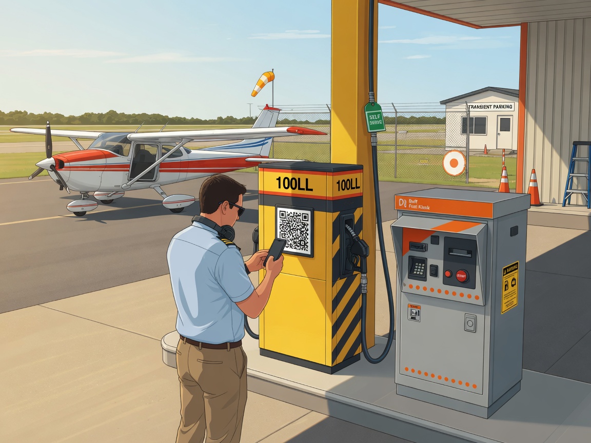 Customer scanning QR code at self-serve fuel pump with Buff Box kiosk
